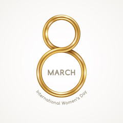 March 8 symbol, glittering golden 3d eight on bright background. International Women's day poster. Vector illustration for greeting card, flyer, voucher or brochure template. Place for text.