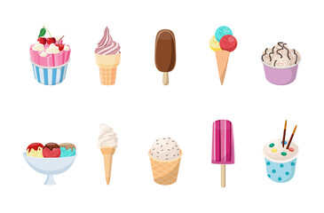 Set of ice cream in various shapes and flavors flat vector illustration isolated.