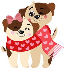 Couple in love of dogs wrapped in one scarf hugging
