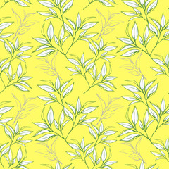 Floral seamless pattern with tea leaves. Hand drawn tea leaves background. Trendy summer illustration. For textile, paper, decoration and wrapping	