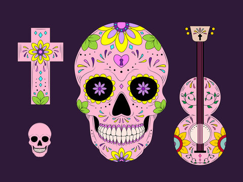 Vector Dia de Los Muertos, Day of the Dead or Mexico. Decoration with skeletons, sculls, maracas, guitar, candles.