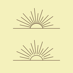Vector sun beam icon with rays illustration. Outline sunset boho sumbol.