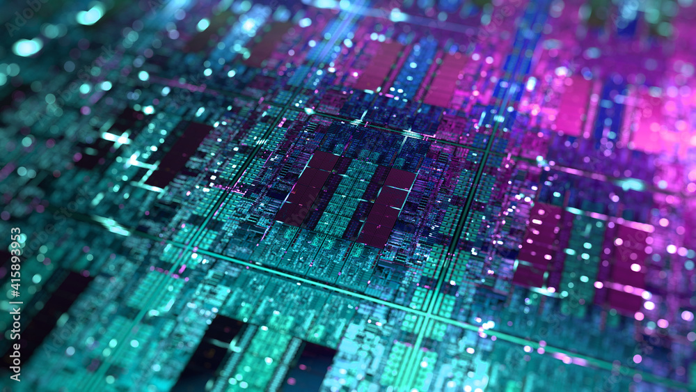 Poster cpu, gpu die chip on silicon wafer. central processing unit, cpu or graphic chip unit, gpu concept. 