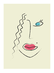 One line face portrait, contemporary abstract colorful shapes. Isolated surreal woman face portrait. Vector illustration in a modern abstract style.