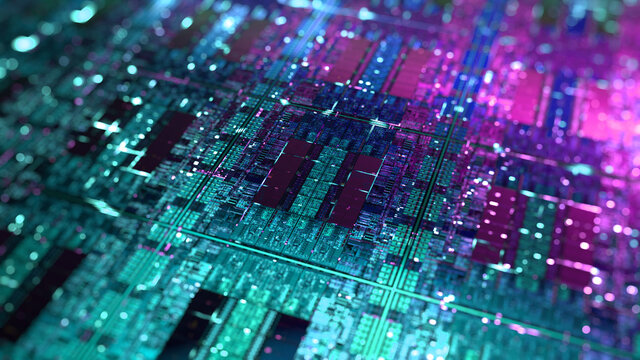 CPU, GPU die chip on silicon wafer. Central Processing unit, CPU or Graphic chip unit, GPU concept. Futuristic microchip processor with iridescent lights. 3d rendering