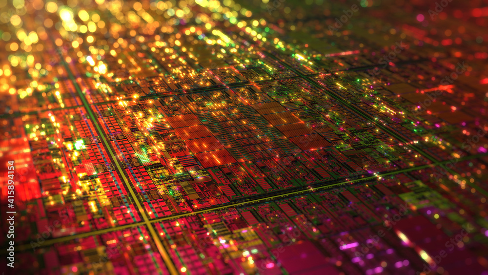 Poster futuristic microchip processors on wafer with data neon lights. hardware technology concept, compute