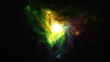 Abstract background, smooth multicolored lines on a black background.