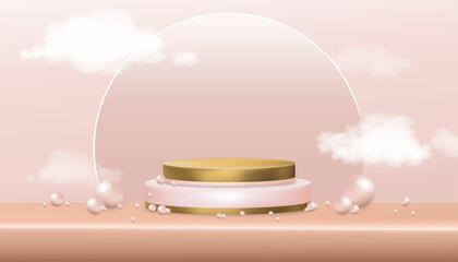 Vector Showcase display with pearl and fluffy clouds in pink and yellow gold,Geometric shape pink pastel podium. Stage and cloud 3D,Mock up stand for cosmetic or beauty product