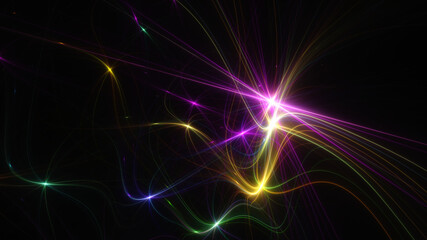 Abstract background, smooth multicolored lines on a black background.