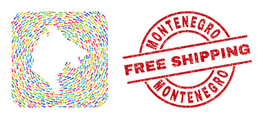 Vector mosaic Montenegro map of rotation arrows and rubber Free Shipping badge. Mosaic geographic Montenegro map constructed with colorful rotation arrows around rounded square subtraction.