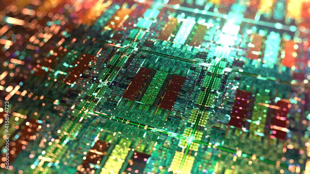 Aufkleber central computer processors cpu die shot. artificial intelligence ai and microchip circuit concept. 