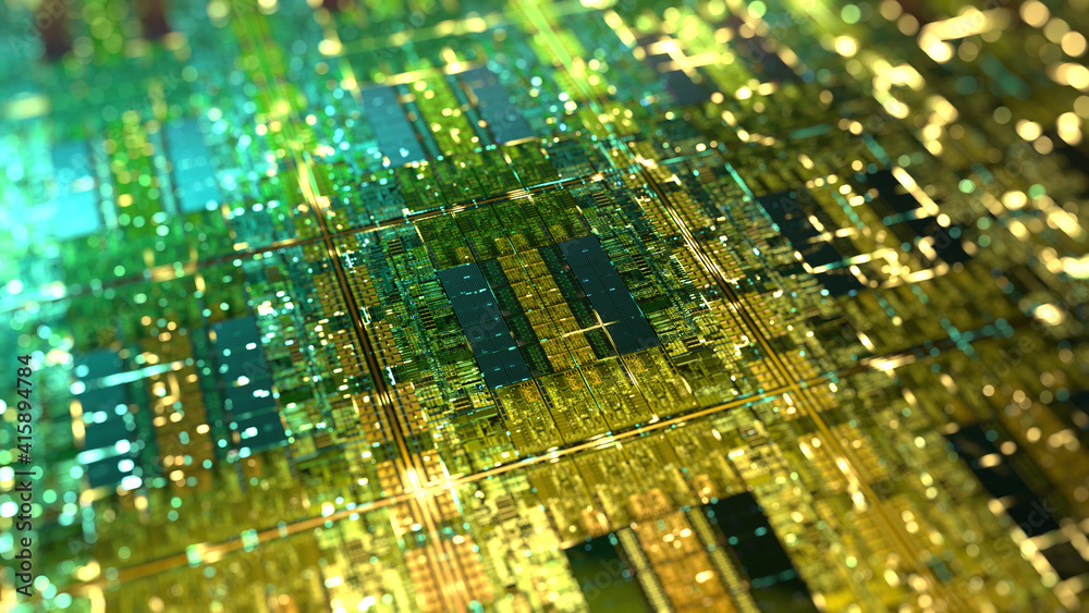 Poster electronic computer hardware, silicon wafer with gold elements. data flow with lights. high tech sci