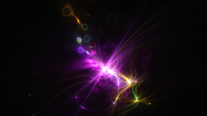 Abstract background, smooth multicolored lines on a black background.