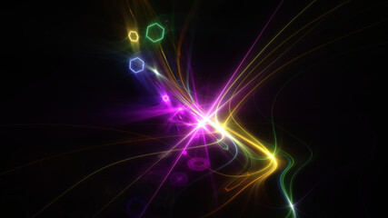 Abstract background, smooth multicolored lines on a black background.