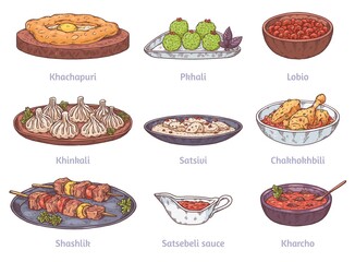 Hand drawn dishes of georgian cuisine set, sketch vector illustration isolated.