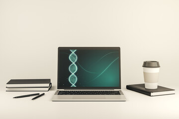 Creative concept with DNA symbol illustration on modern laptop screen. Genome research concept. 3D Rendering