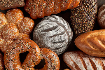 Assortment of baked goods on a dark background isometric, balance. Baked goods - golden rustic...