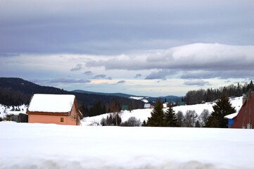 Fototapeta na wymiar house in a mountain village in winter on snow