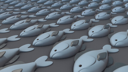 Obraz premium 3d rendered illustration of Multiple Stylized Fishs in a row. High quality 3d illustration