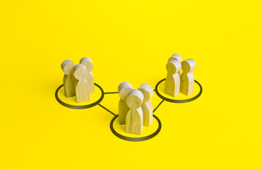 Groups of people are connected by lines. Interdependence correlation in workflow. Interacting and...