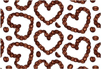 Sketch hand drawn pattern with brown roasted coffee grains in heart shape isolated on white background. Smoked organic coffee beans. Vector illustration. Drink, vintage, retro  wallpaper.