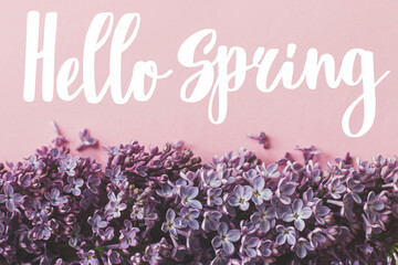 Hello spring floral greeting card, handwritten greetings on lilac purple flowers border on pink paper. Spring time. Stylish tender floral card © sonyachny