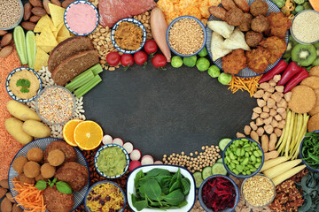 Vegan food for a healthy lifestyle with plant based foods high in antioxidants, protein, fibre,...