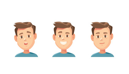 Different male emotions faces set. Face expressions of a man, boy. Avatar characters collection. Collection of man heads with various facial expressions. Handsome cartoon character.