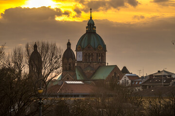 St lukas church munich time lapse at sunset.