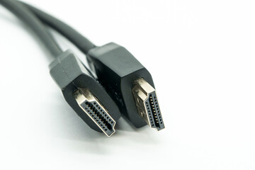 Close-up view of HDMI cables on a white background