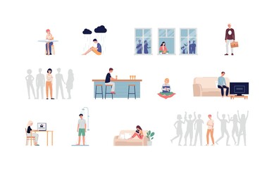 Depressed lonely men and women characters, flat vector illustration isolated.
