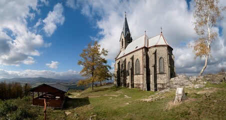 Fototapeta na wymiar Church of Our Lady of Sorrows on Boží Hora near the town of Žulová in the Jeseník district