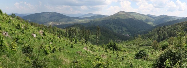 Fototapeta na wymiar Eastern view from the slope of the mountain Veľký Príslop in the Kysucké Beskydy in the north of Slovakia