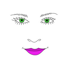 Beautiful face of a girl in line art style. Vector illustration. Hand drawn icon and symbol for print, poster, sticker, card design, invitations to the fashion week, picture for make-up certificate.