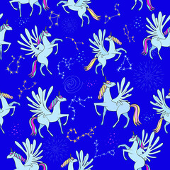 Fototapeta na wymiar Pegasus in the starry sky. Mystical seamless pattern. Constellations and signs of the zodiac