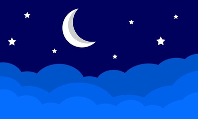 Naklejka na ściany i meble Illustration background with a view of the moon above the clouds. with a beautiful night atmosphere.