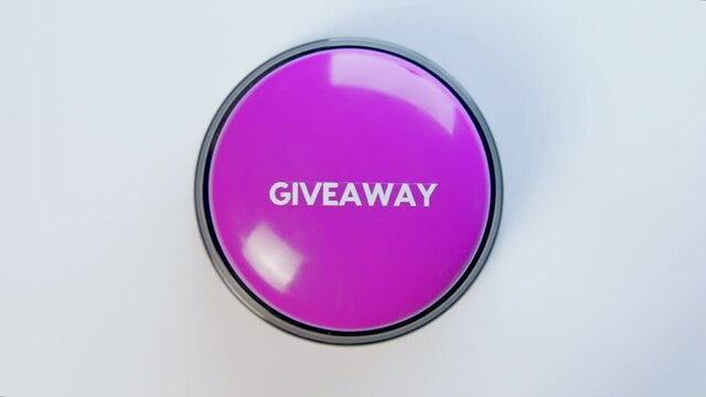 Young woman pressing purple Giveaway button. Giving prizes on social media, blog, channel, website. Limited-time promotion. Concept of winning or getting smth for free. Marketing, spreading awareness.