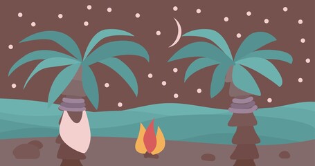Fototapeta na wymiar Moonlight landscape with sea, sand, palms and bonfire