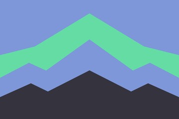 Blue sky. Green, blue and black mountains silhouette. Coniferous forest. Fir trees. Graphic design. Nature and ecology. Horizontal abstract texture. For social media, posters and post cards