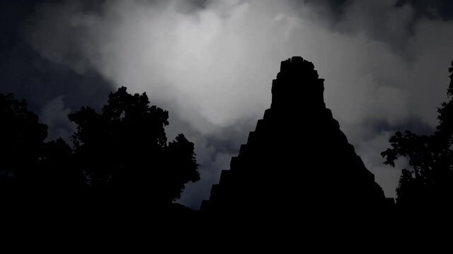 Tikal: Maya Pyramid by Night with Crescent Moon, Guatemala