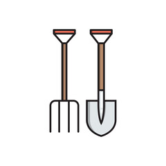 Shovel and pitchfork, simple gardening icon in trendy line style isolated on white background for web apps and mobile concept. Vector Illustration