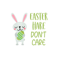 Easter bunny with egg and pun lettering. Cute cartoon pattern with rabbit. Vector illustration