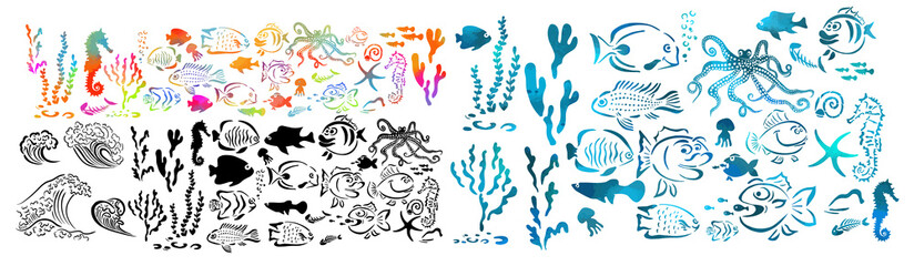Set of monochrome and multicolored marine life. Vector illustration of set of sea creatures