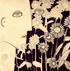 Hand drawn male portrait in flowers