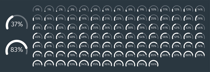 Set of circle percentage diagrams from 0 to 100 for infographics on dark background. Vector illustration. - obrazy, fototapety, plakaty