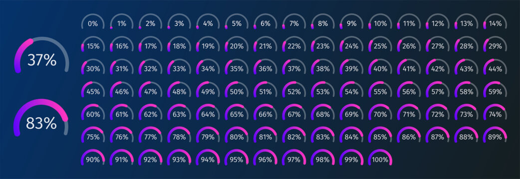 Set of circle percentage diagrams from 0 to 100 for infographics with blue and purple colors on dark background. Vector illustration.