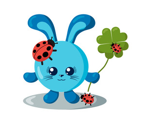 Funny cute smiling hare or rabbit with round body and ladybugs holding four-leaf good luck clover in flat design with shadows. Isolated animal vector illustration