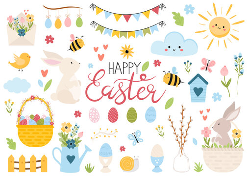 Happy Easter collection. Lettering, bunny, eggs, butterflies, bees, sun, basket with eggs, flowers. Hand drawn cartoon style vector illustration. Springtime, Easter Design elements, decoration.  