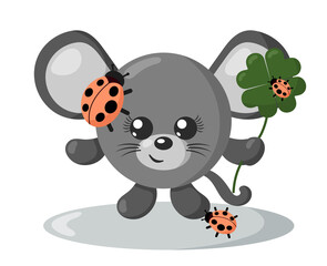 Funny cute smiling mouse with round body and ladybugs holding four leaf good luck clover in flat design with shadows. Isolated animal vector illustration