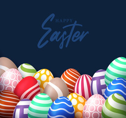 Easter 2021 poster with empty space. Banner template with Easter eggs on the background. Promotion sale and shopping template for Easter. Vector illustration. Isolated 3d easter eggs